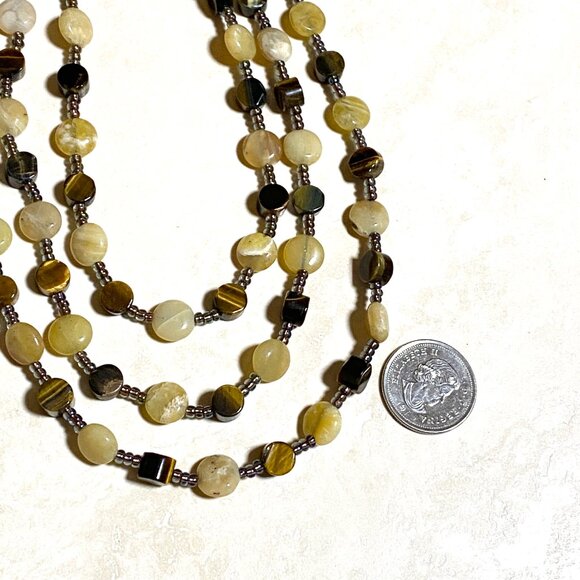 Tiger's Eye & Yellow Opal 3 Layer Statement Necklace w/ Natural Gemstones - Picture 10 of 12